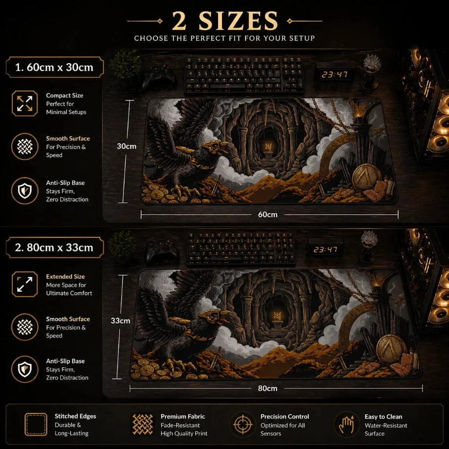 Two sizes of a decorative desk setup with an eagle and cave design, shown on a black background.