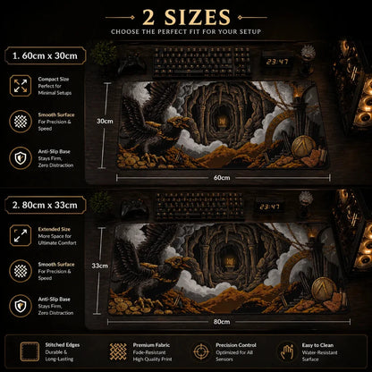 Two sizes of a decorative desk setup with an eagle and cave design, shown on a black background.