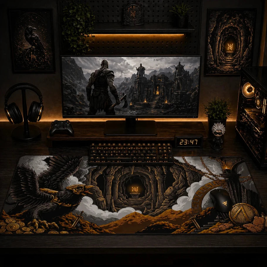 dark-themed gaming setup with a computer monitor displaying a warrior scene, keyboard, and decorative items.