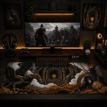 Dark-themed gaming setup with a computer monitor displaying a warrior scene, keyboard, and decorative items.