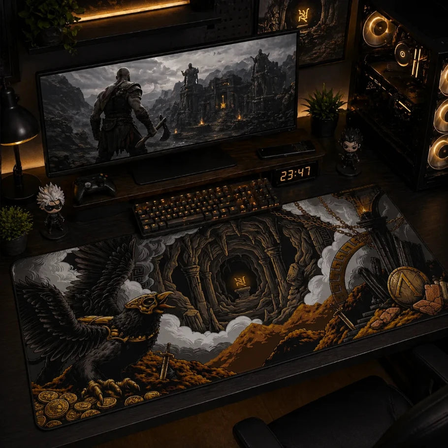 Gaming setup with a large monitor displaying a fantasy scene, keyboard, and decorative items on a desk.