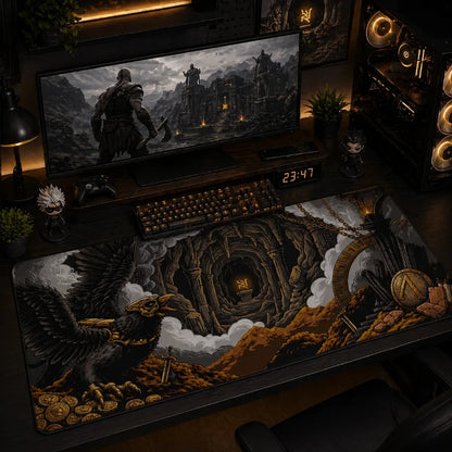 Gaming setup with a large monitor displaying a fantasy scene, keyboard, and decorative items on a desk.