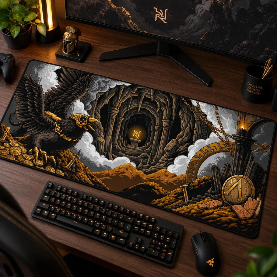 raven-guardian-deskmat-9097688 Raven guardian gaming deskmat on a PC desk setup - XL extended mouse pad - Fictioo