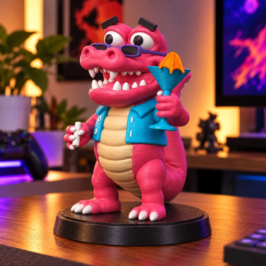 Sunny Snapjaw Beach Gator Figurine on a gaming desk