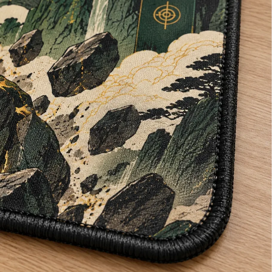 an ancient mountain earth colossus guardian deskmat extreme closeup of stitching and texture