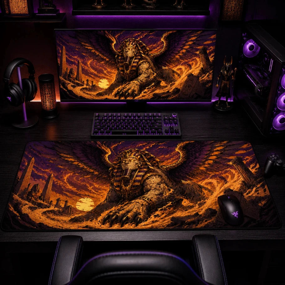A large gaming desk mat and matching monitor cover featuring a dramatic fiery griffin illustration, styled on a dark desk with a keyboard, mouse, headphones, and glowing purple RGB accents.