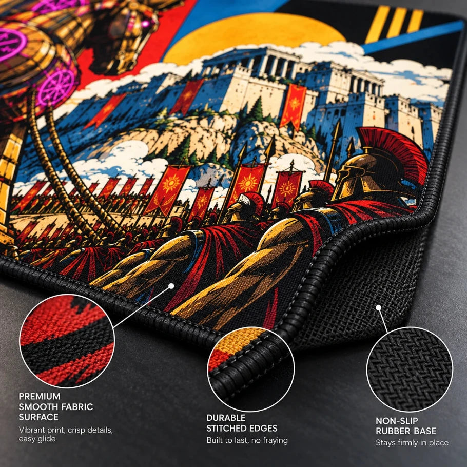 Close-up of a printed athletic mat or pad with a black stitched border, shown on a dark surface. The mat features a colorful graphic of a Spartan warrior and soldiers with flags, plus three circular callouts highlighting premium fabric surface, durable stitched edges, and non-slip rubber base.
