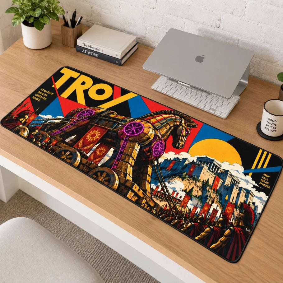 a large rectangular desk mat with a colorful graphic print of the trojan horse, styled on a light wood desk with a laptop, books, and plants in a home office setting.