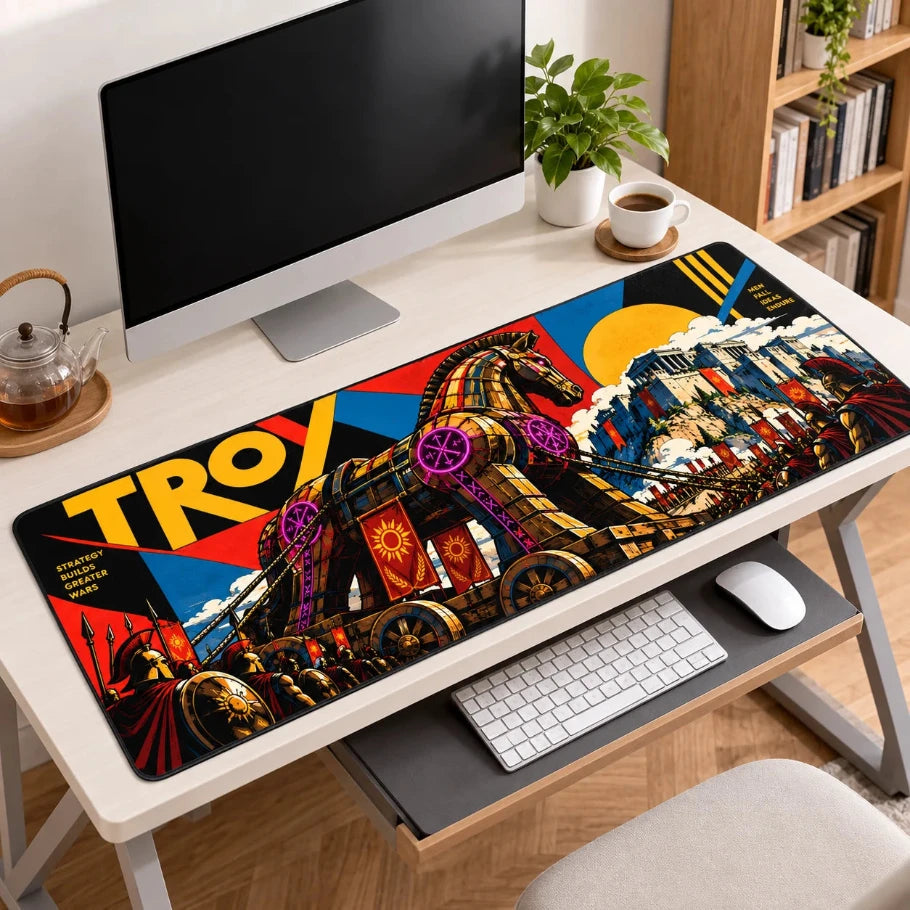 A large rectangular desk mat with a colorful vintage-style illustration of the Trojan Horse, placed on a white desk in a home office setup. The desk mat features bold text reading 'TROY' and 'BATTLE HONOR THROUGH ALL GENERATIONS.