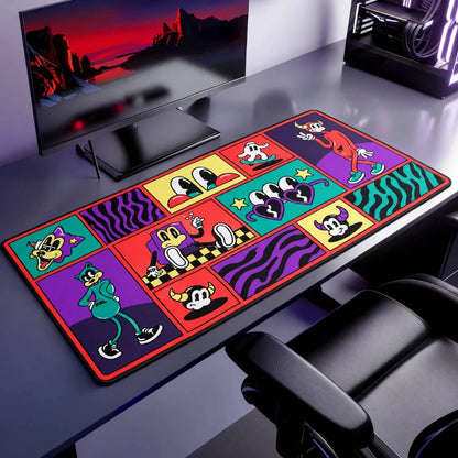 Fictioo retro comic deskmat displayed on a gaming desk with a red-backlit keyboard, black gaming mouse and RGB lighting