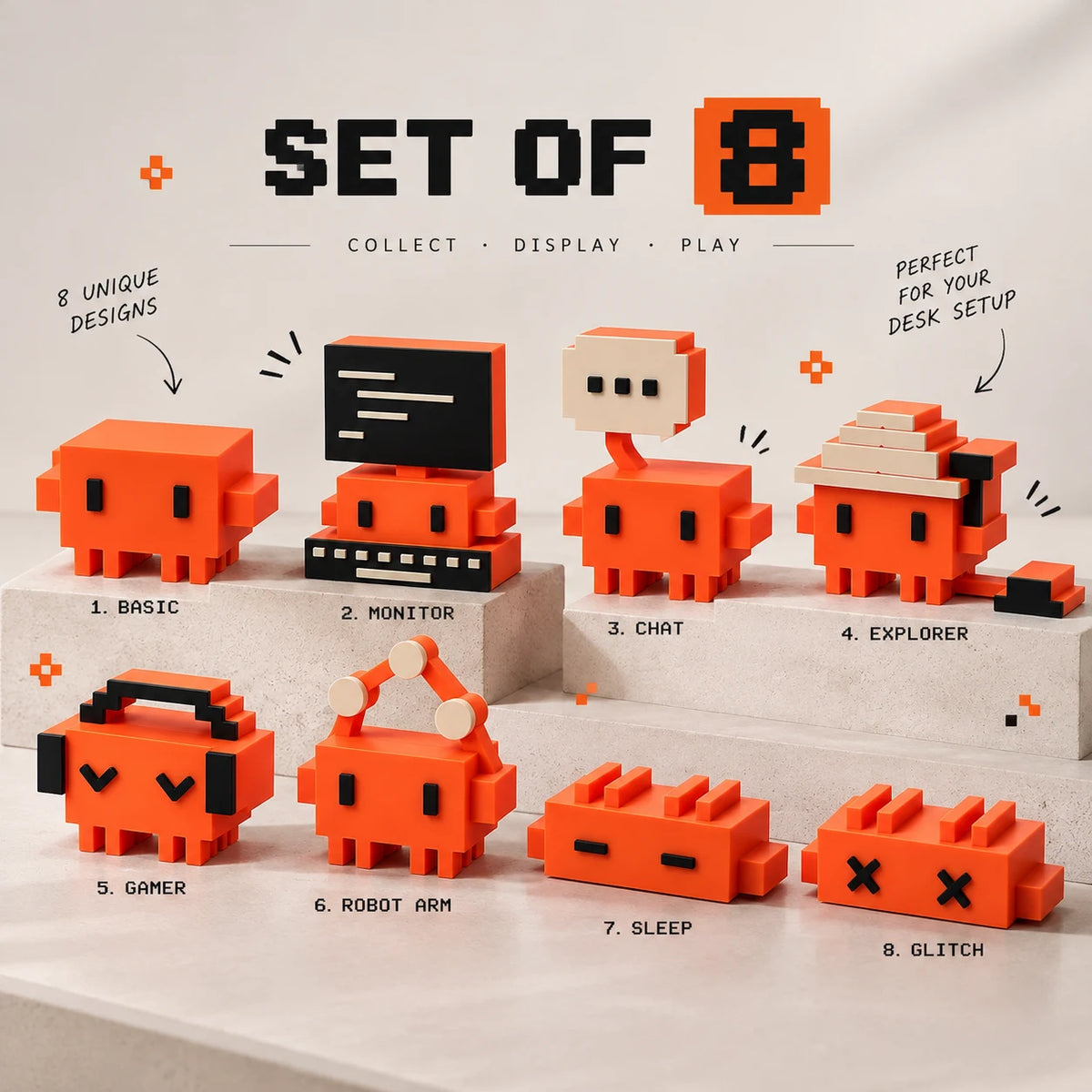 tiny coders pixel mascot set of 8 | developer desk figurines