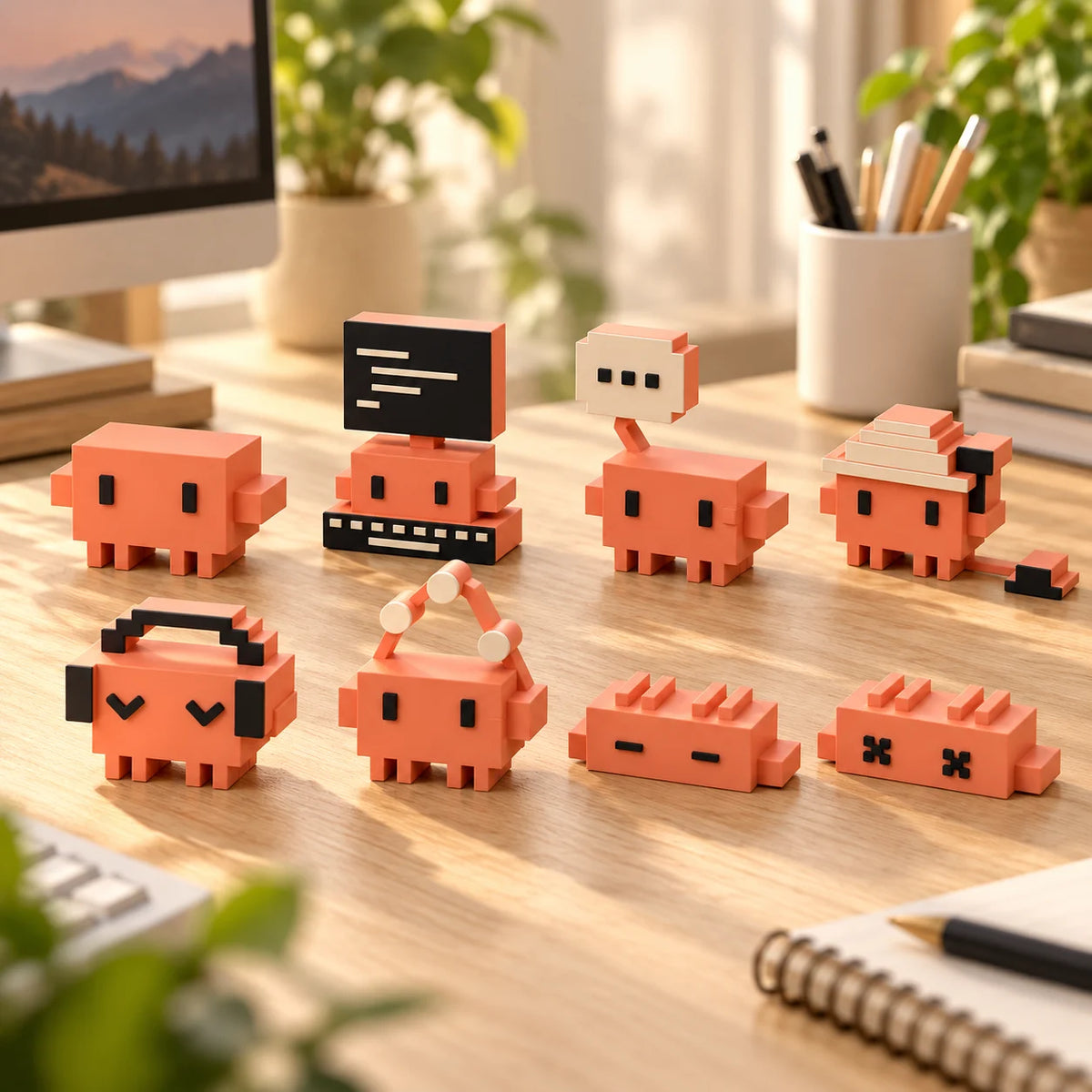 tiny coders pixel mascot set of 8 | developer desk figurines