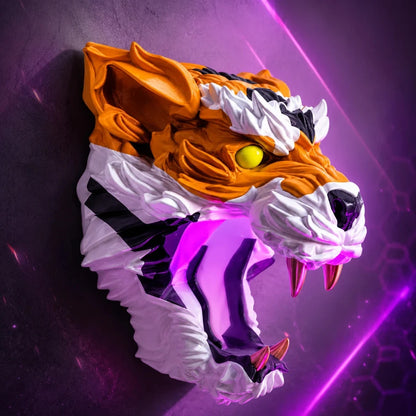 Futuristic tiger head sculpture with orange, white, and black colors on a dark background.