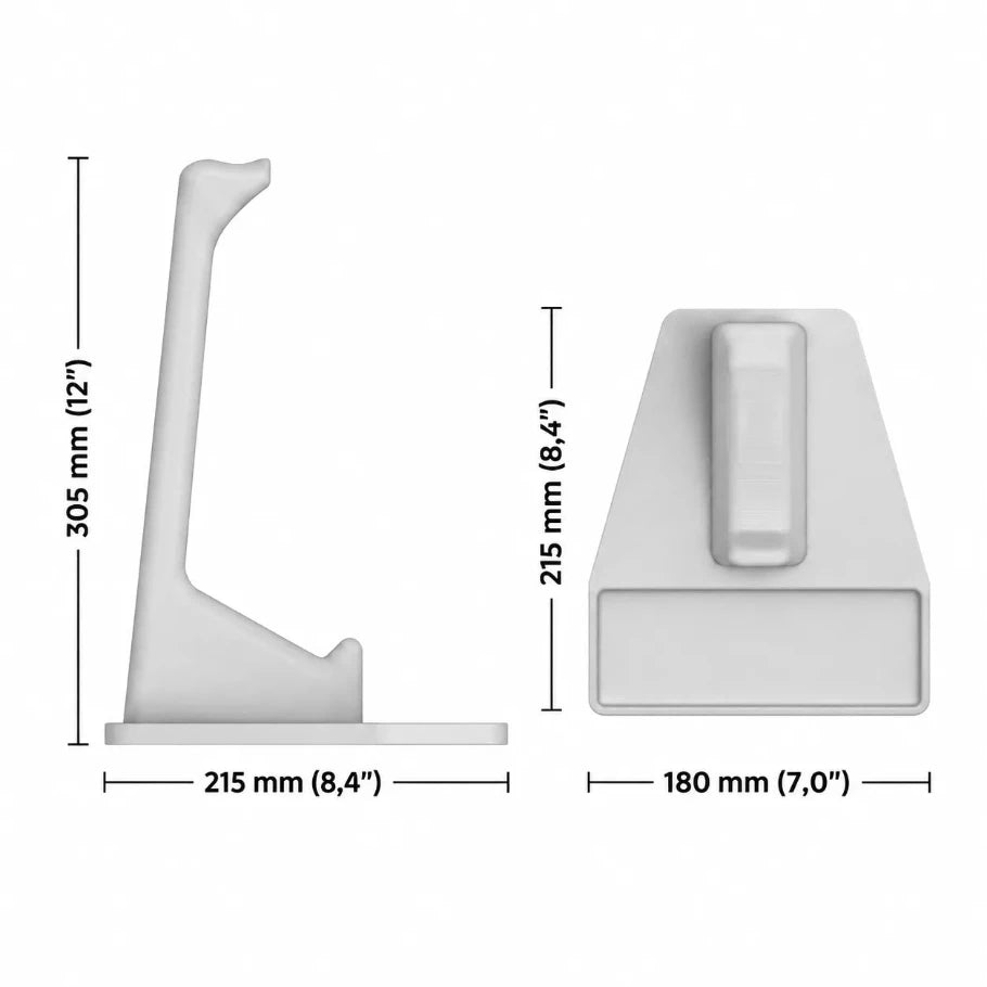 white gaming stand with dimensions showing 305 mm height and 215 mm width