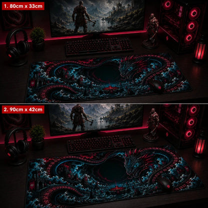 Two sizes of a gaming mouse pad with a dragon design on a desk setup.