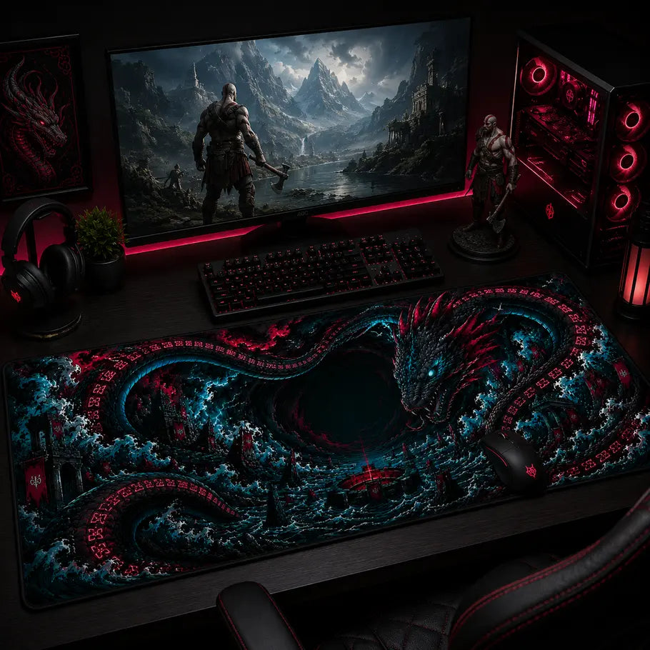 gaming setup with a large dragon-themed mouse pad, monitor displaying a fantasy scene, and gaming chair.