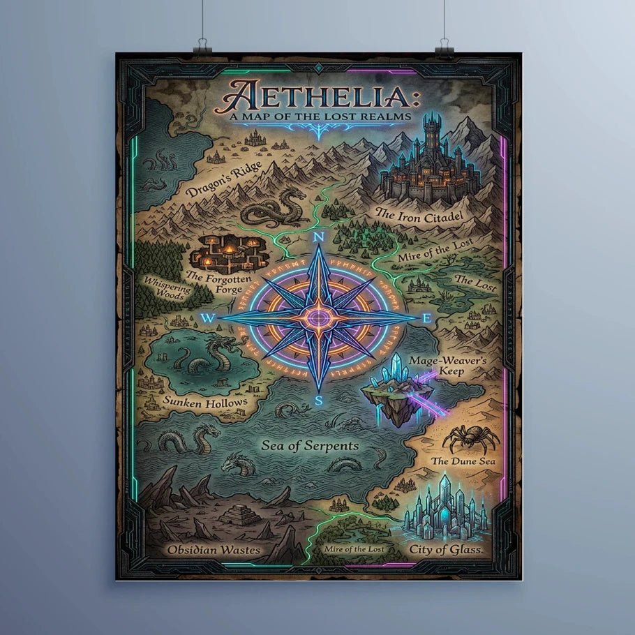 aethelia – map of the lost realms metal poster - fictioo