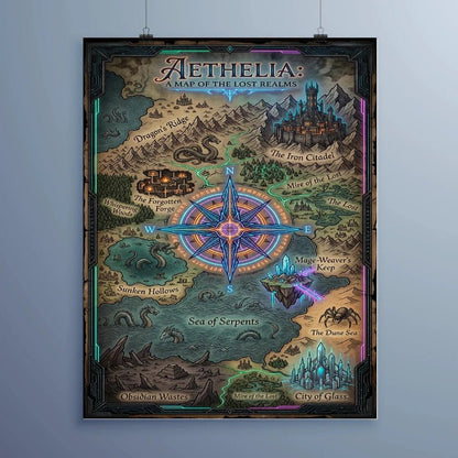 Aethelia – Map of the Lost Realms Metal Poster - Fictioo