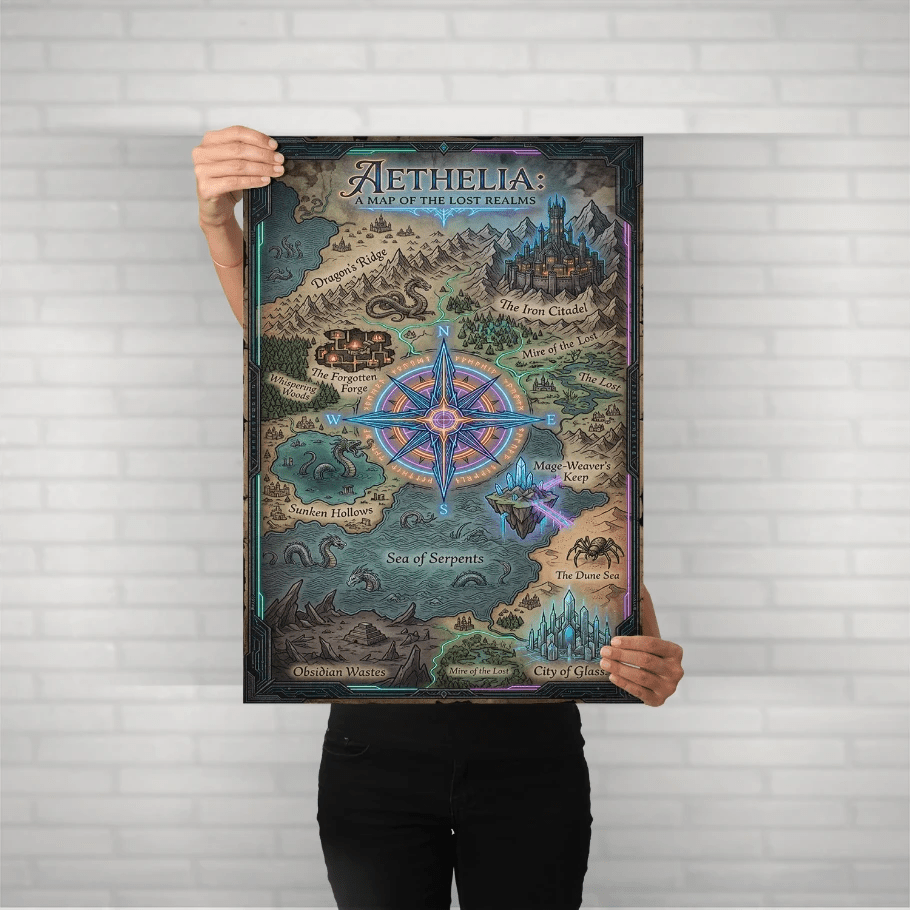 aethelia – map of the lost realms metal poster - fictioo