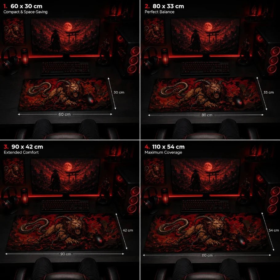 chimera deskmat size comparison, medium large and xl extended mouse pad - fictioo