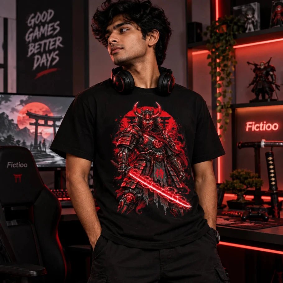 crimson shogun | cyber samurai oversized t-shirt - fictioo