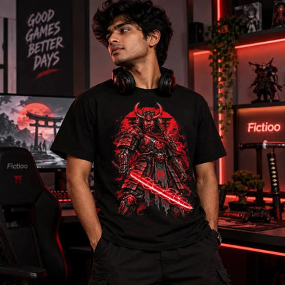 Crimson Shogun | Cyber Samurai Oversized T-Shirt - Fictioo