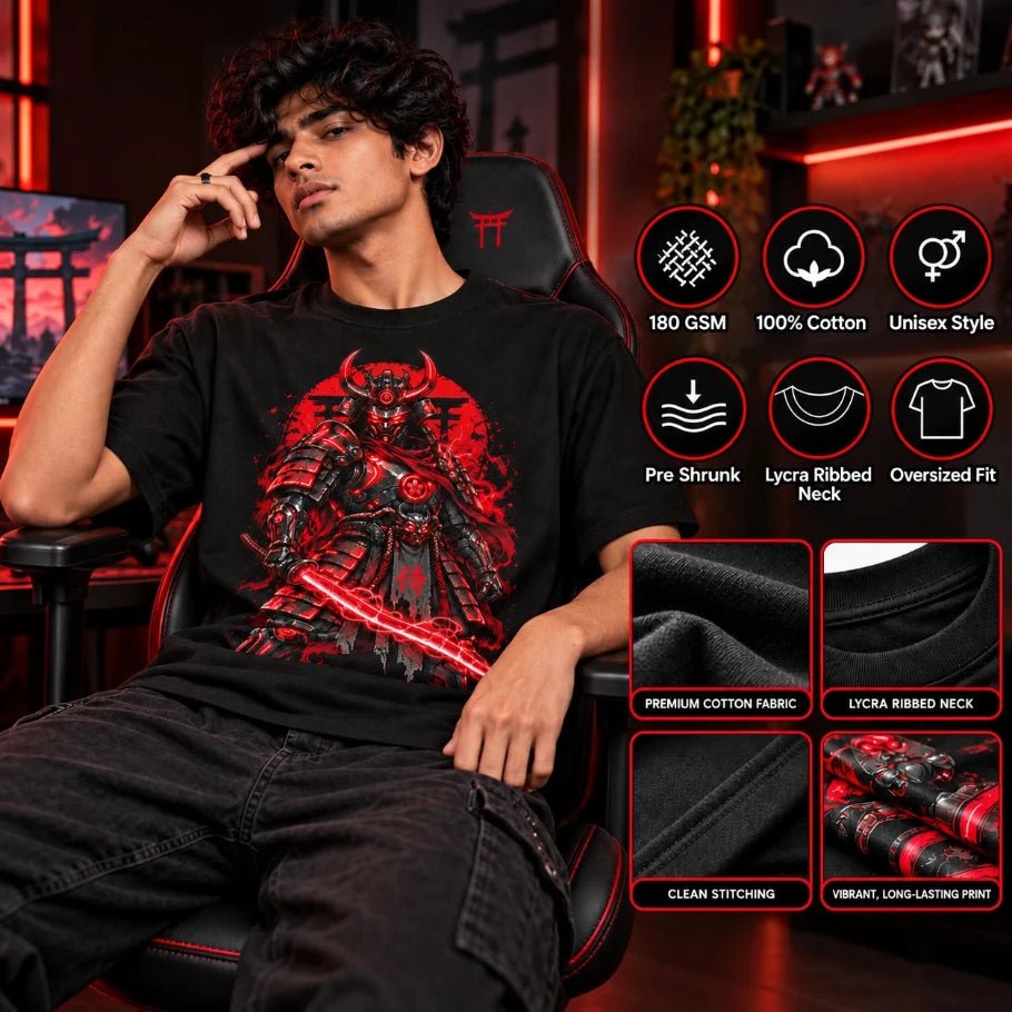 crimson shogun | cyber samurai oversized t-shirt - fictioo