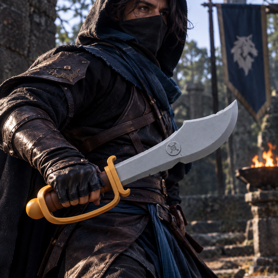 Cosplayer in dark medieval warrior costume holding a curved fantasy cutlass prop in a cinematic forest ruins setting