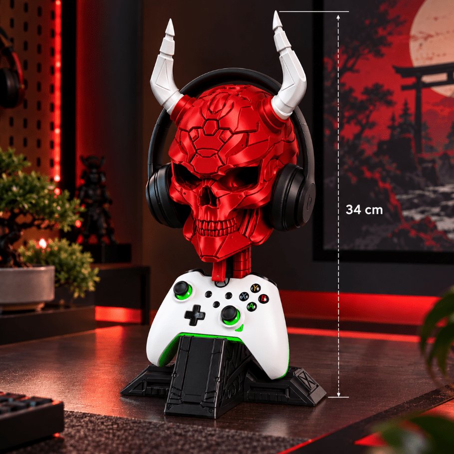 demon skull headphone & controller stand | gaming desk organizer - fictioo