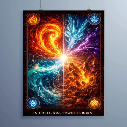 Elemental Collision – Fire Water Energy Metal Poster - Fictioo