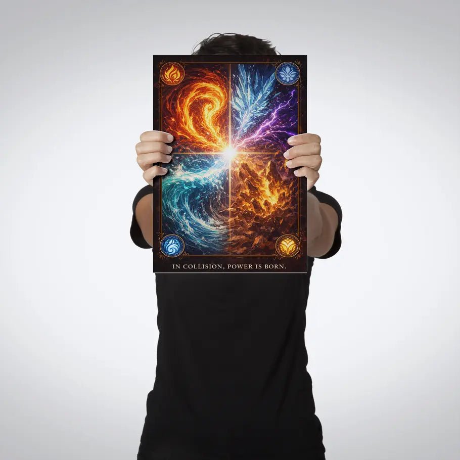 Elemental Collision – Fire Water Energy Metal Poster - Fictioo