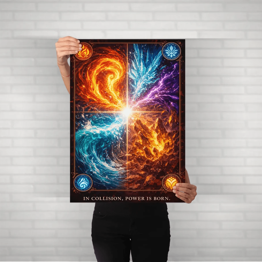 Elemental Collision – Fire Water Energy Metal Poster - Fictioo
