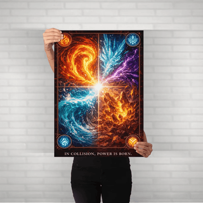 Elemental Collision – Fire Water Energy Metal Poster - Fictioo