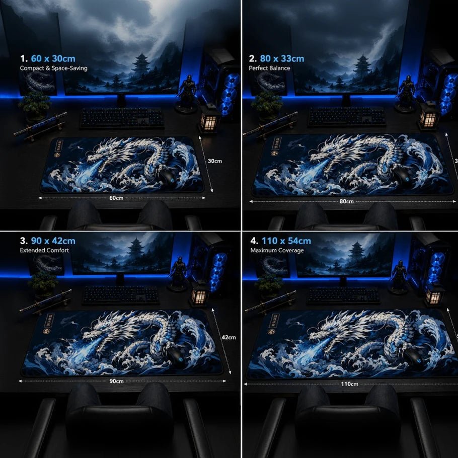 Frost wyvern deskmat size comparison, Medium Large and XL - Fictioo