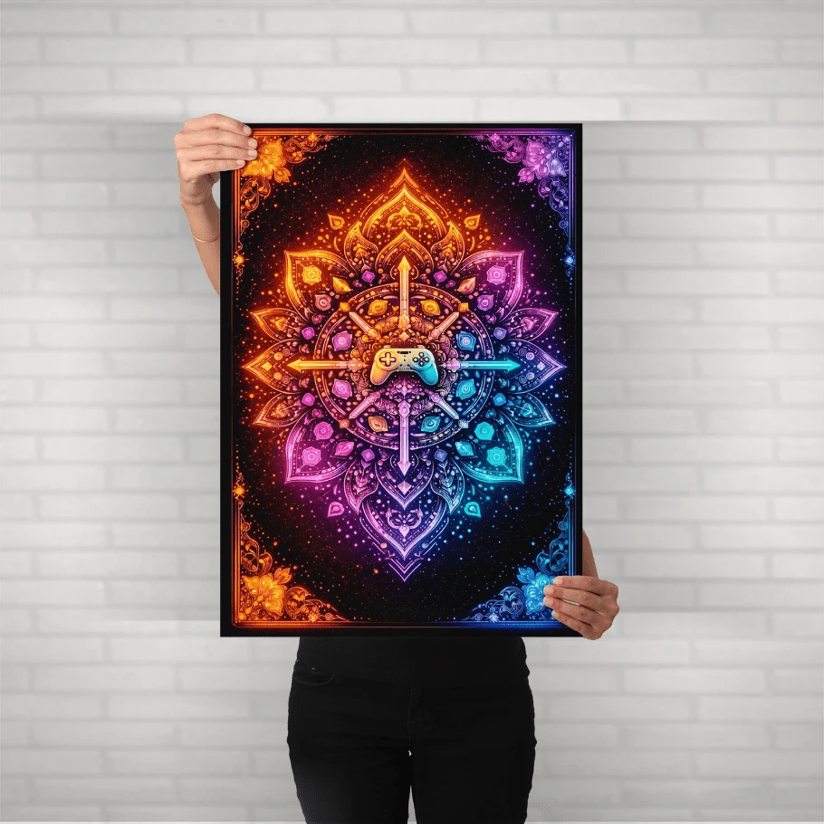 Gaming Mandala – Neon Sacred Controller Metal Poster - Fictioo