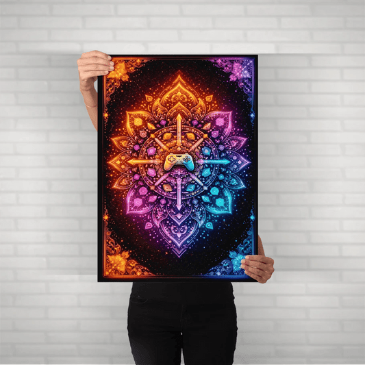 Gaming Mandala – Neon Sacred Controller Metal Poster - Fictioo