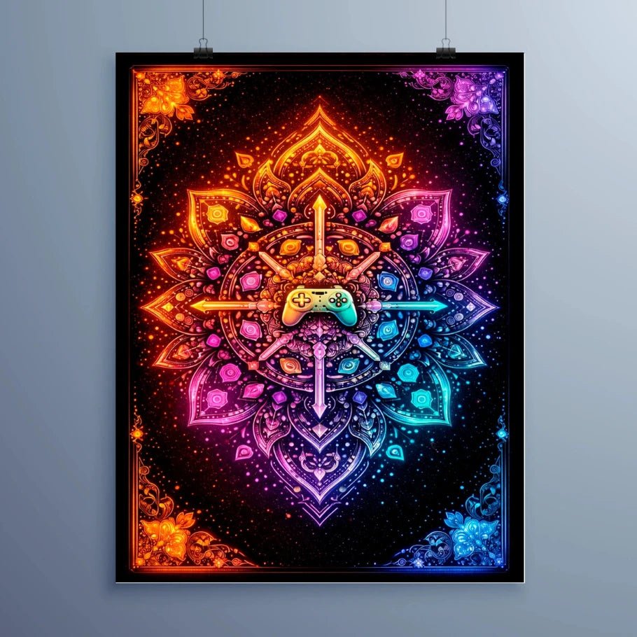 gaming mandala – neon sacred controller metal poster - fictioo