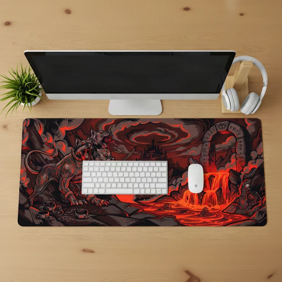 infernal cerberus hellhound deskmat top view with keyboard and mouse - fictioo