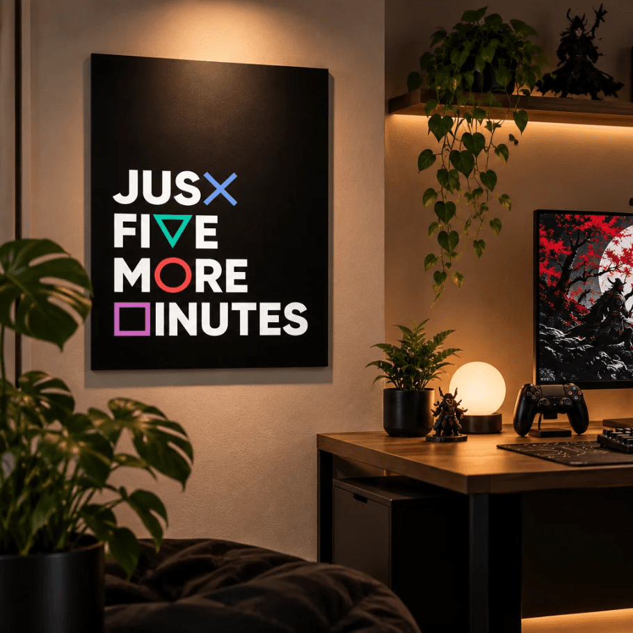 Just Five More Minutes Metal Wall Art | Gamer Typography Poster - Fictioo