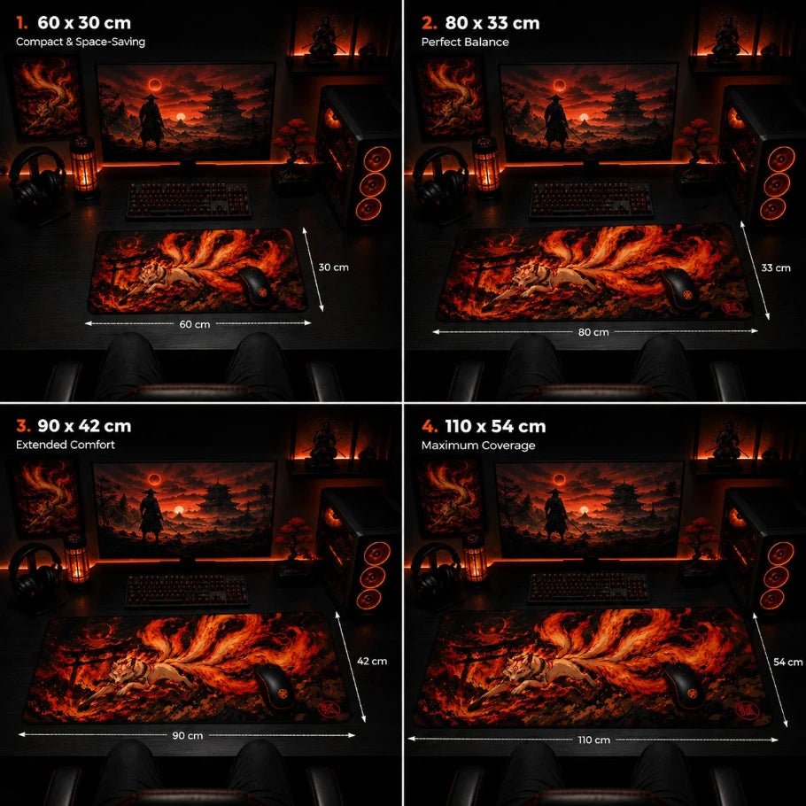 kitsune deskmat size comparison, medium large and xl extended mouse pad - fictioo