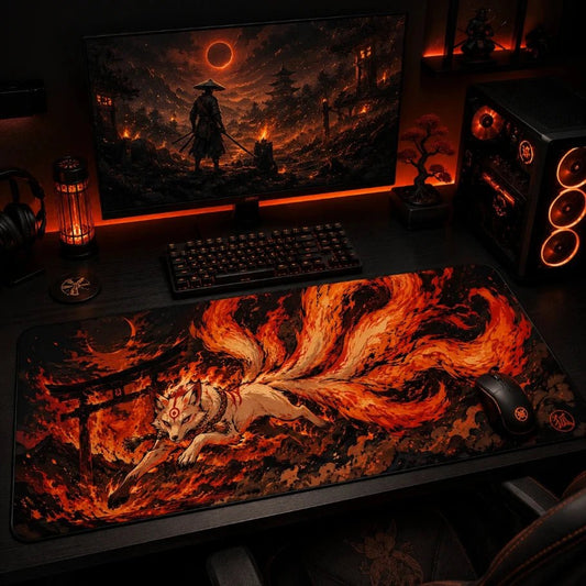 Kitsune inferno gaming deskmat on a PC desk setup - XL extended mouse pad - Fictioo