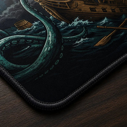 A close-up of a black mousepad with a detailed pirate ship and octopus tentacle illustration, resting on a dark wooden surface.