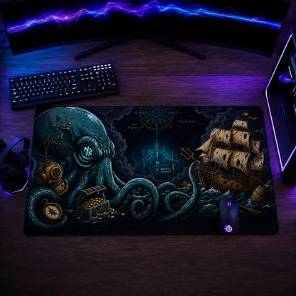A large rectangular gaming desk mat with a detailed pirate illustration, shown on a dark wooden desk with a keyboard, mouse, headphones, and monitor in a styled setup.