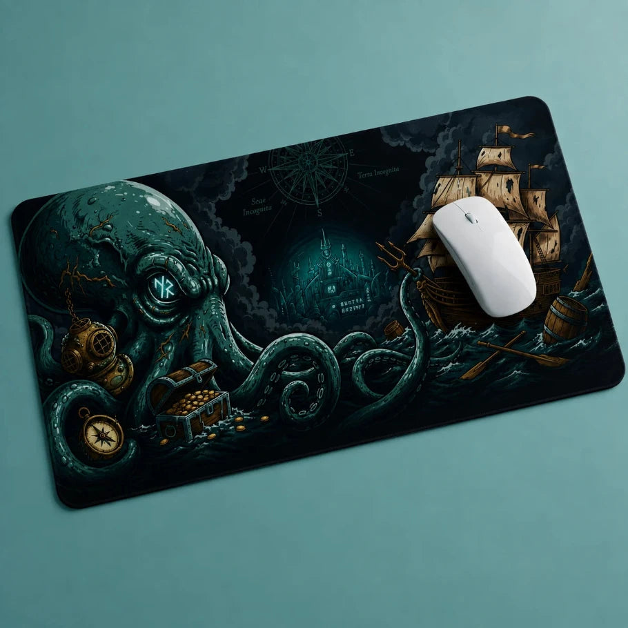 A rectangular gaming mousepad with a dark fantasy design featuring a giant octopus, treasure chest, ship, and compass, shown on a teal background with a white mouse resting on it.