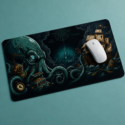 A rectangular gaming mousepad with a dark fantasy design featuring a giant octopus, treasure chest, ship, and compass, shown on a teal background with a white mouse resting on it.