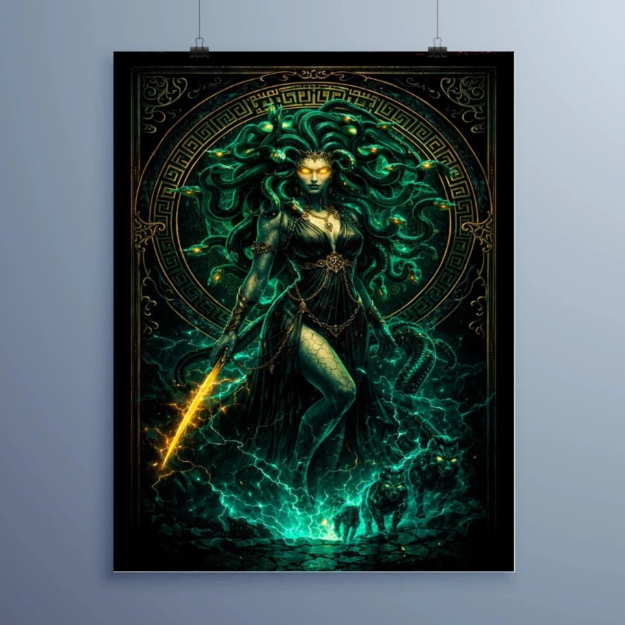 medusa ascendant – mythic gorgon metal poster - fictioo