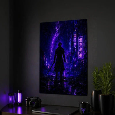 Neon cyberpunk samurai metal poster for gaming room wall - Fictioo