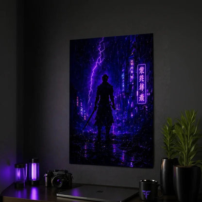 Neon Samurai Alley Metal Wall Art | Cyberpunk Warrior Poster - Fictioo