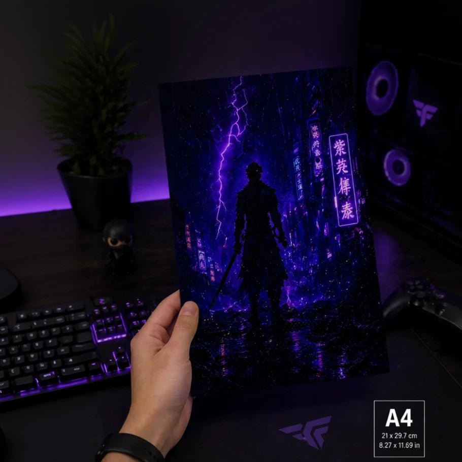 Neon Samurai Alley Metal Wall Art | Cyberpunk Warrior Poster - Fictioo