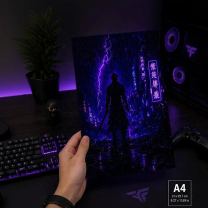 Neon Samurai Alley Metal Wall Art | Cyberpunk Warrior Poster - Fictioo